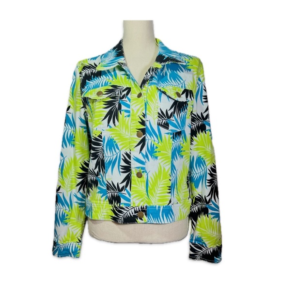 Metro Blues Jackets & Blazers - Metro Blues Tropical Print Jean Jacket - Blue, Green, and Black on White